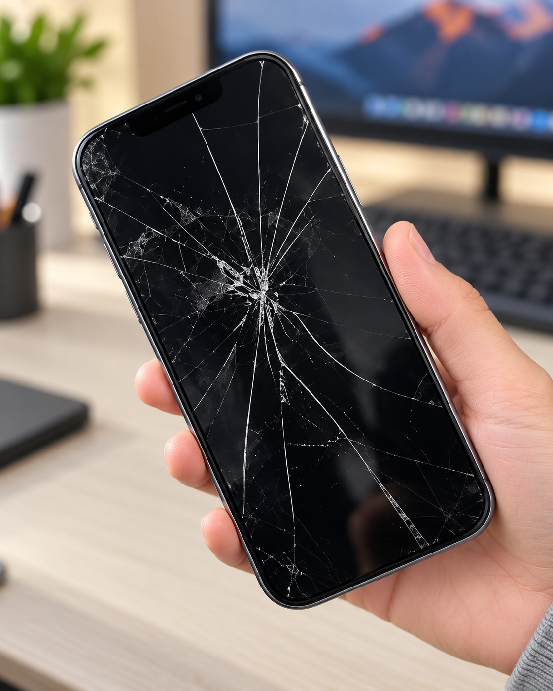 Cracked smartphone screen before refurbishment